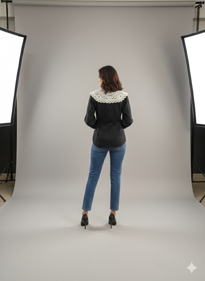 Cream Embroidered Tie up Collar