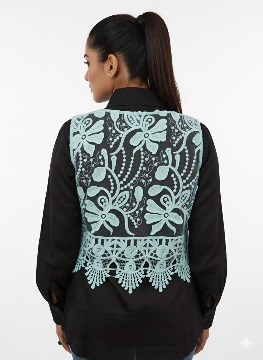 Sky Blue Embroidered Short Vest