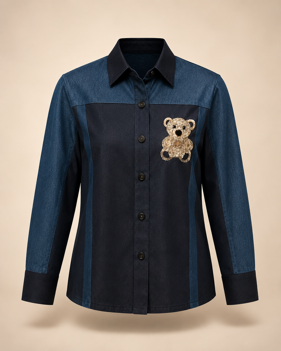 Midnight Teddy Patch Shirt – Denim Blue & Black Panel