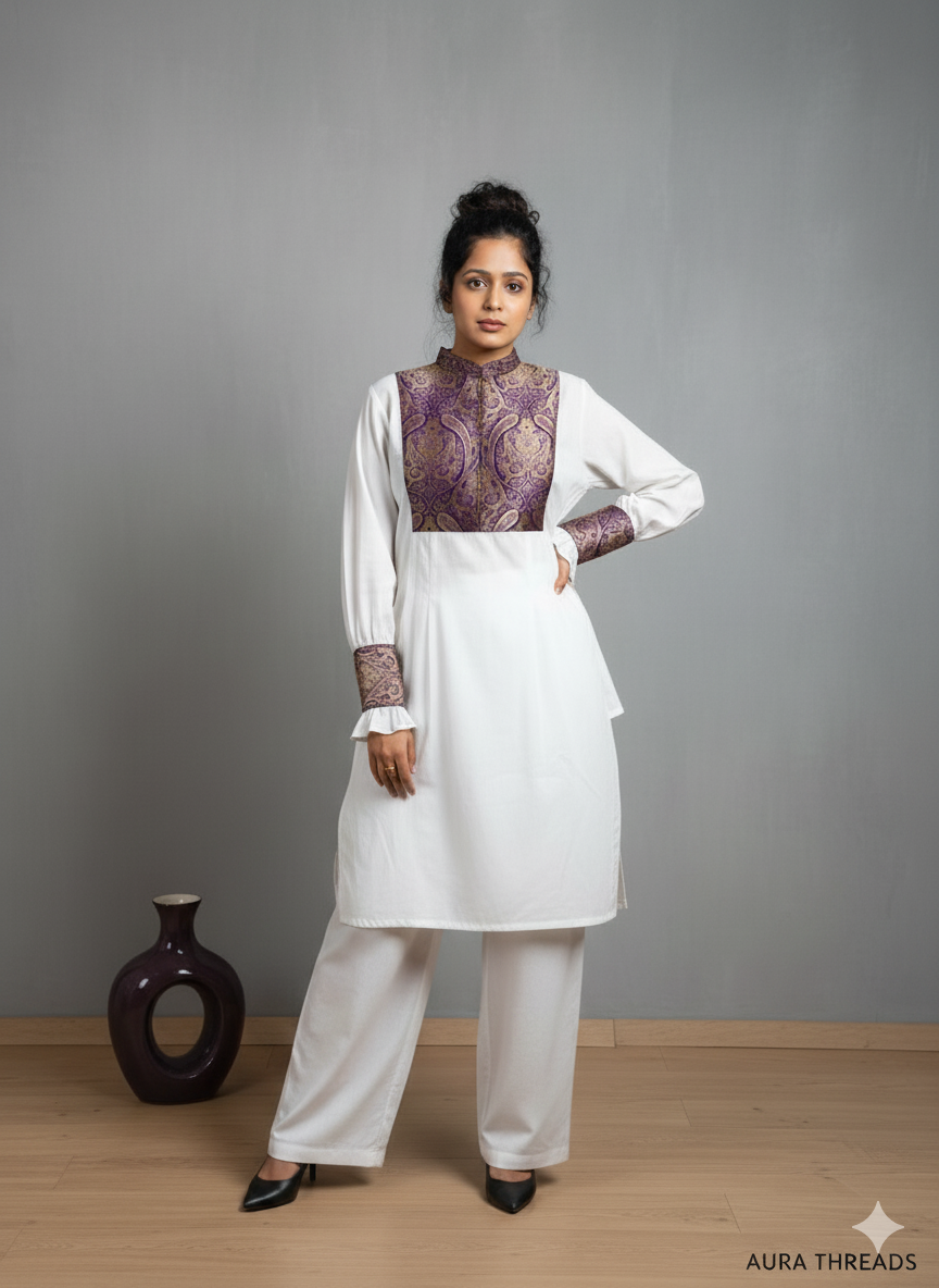 white kurta adorned