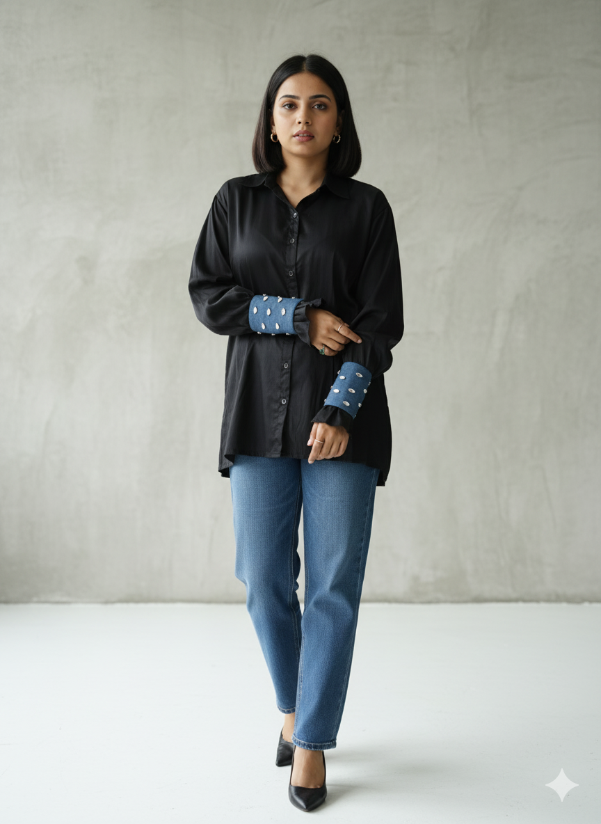 black shirt and blue jeans