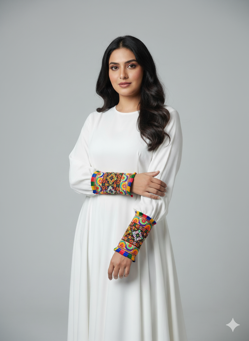 white long-sleeve maxi dress