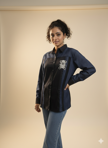 Midnight Teddy Patch Shirt – Denim Blue & Black Panel