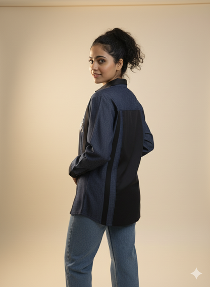 Midnight Teddy Patch Shirt – Denim Blue & Black Panel