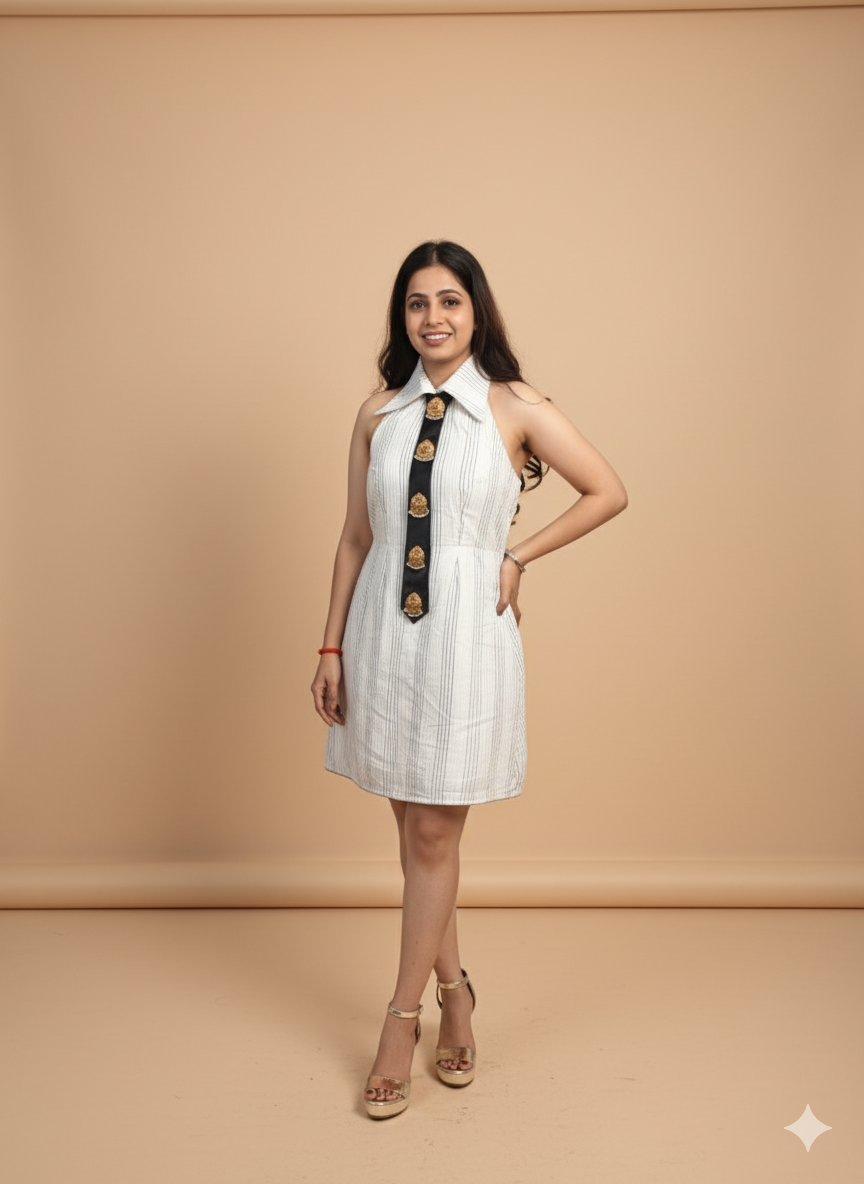 Striped Halter Shirt Dress with Black Tie Detail