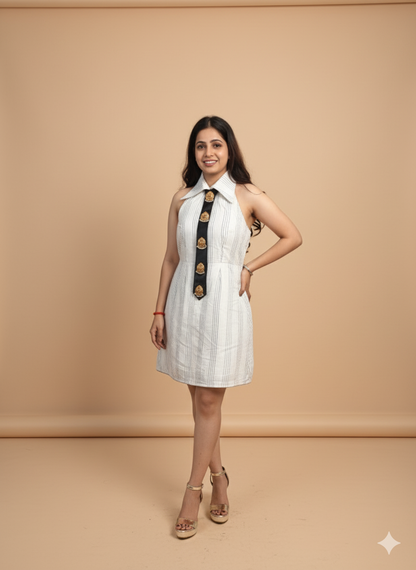 Striped Halter Shirt Dress with Black Tie Detail