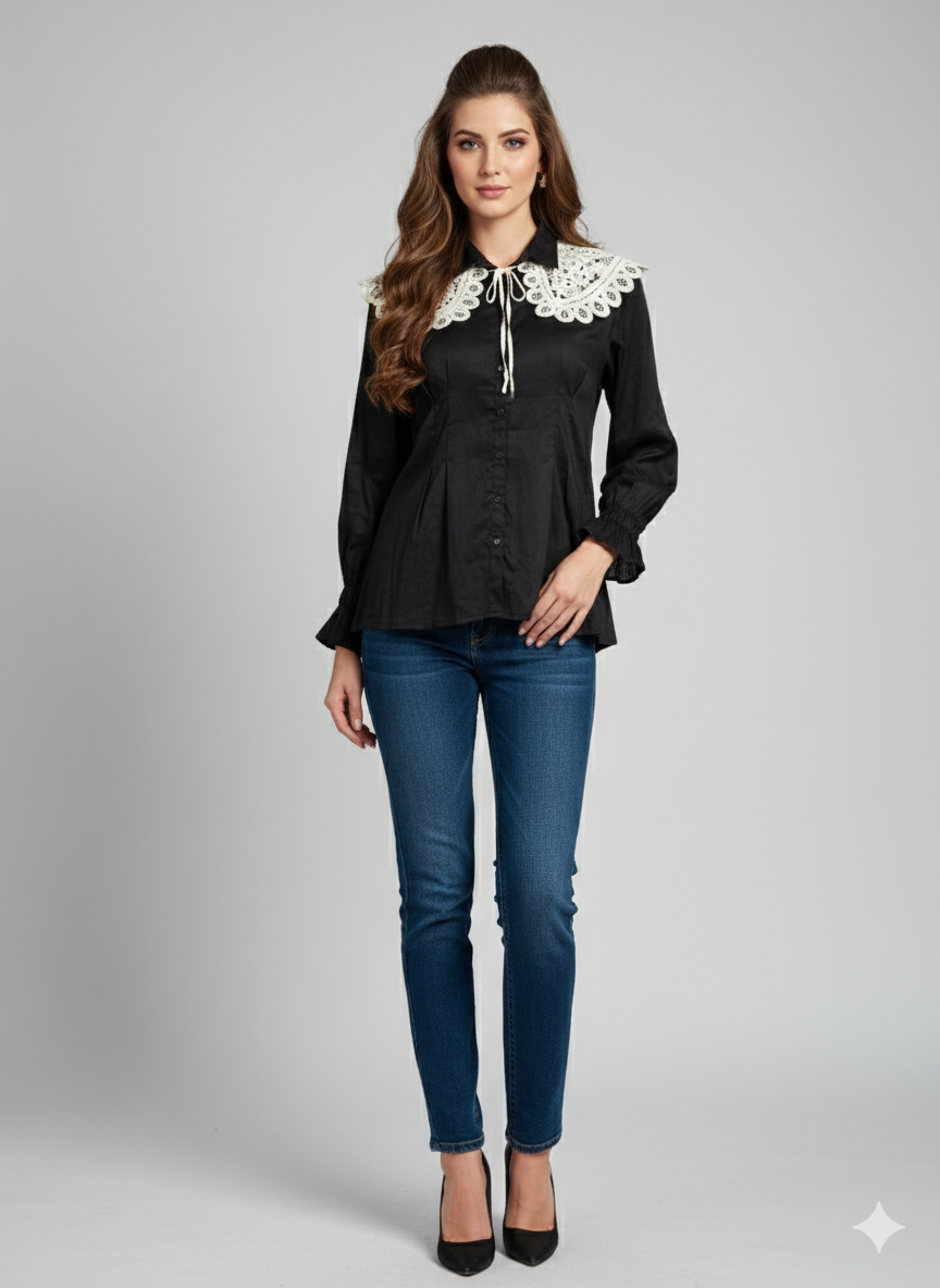 Cream Embroidered Tie up Collar