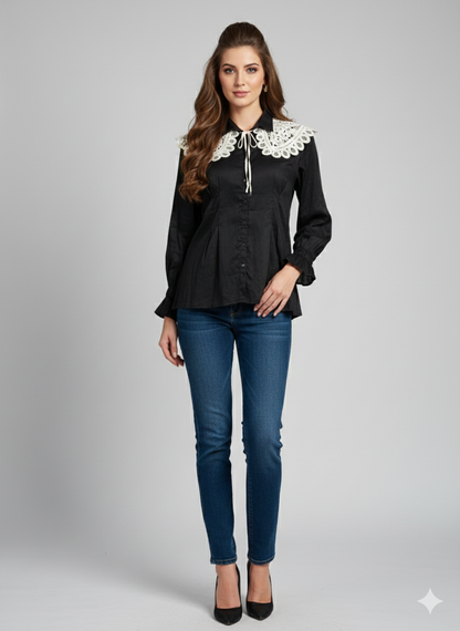 Cream Embroidered Tie up Collar