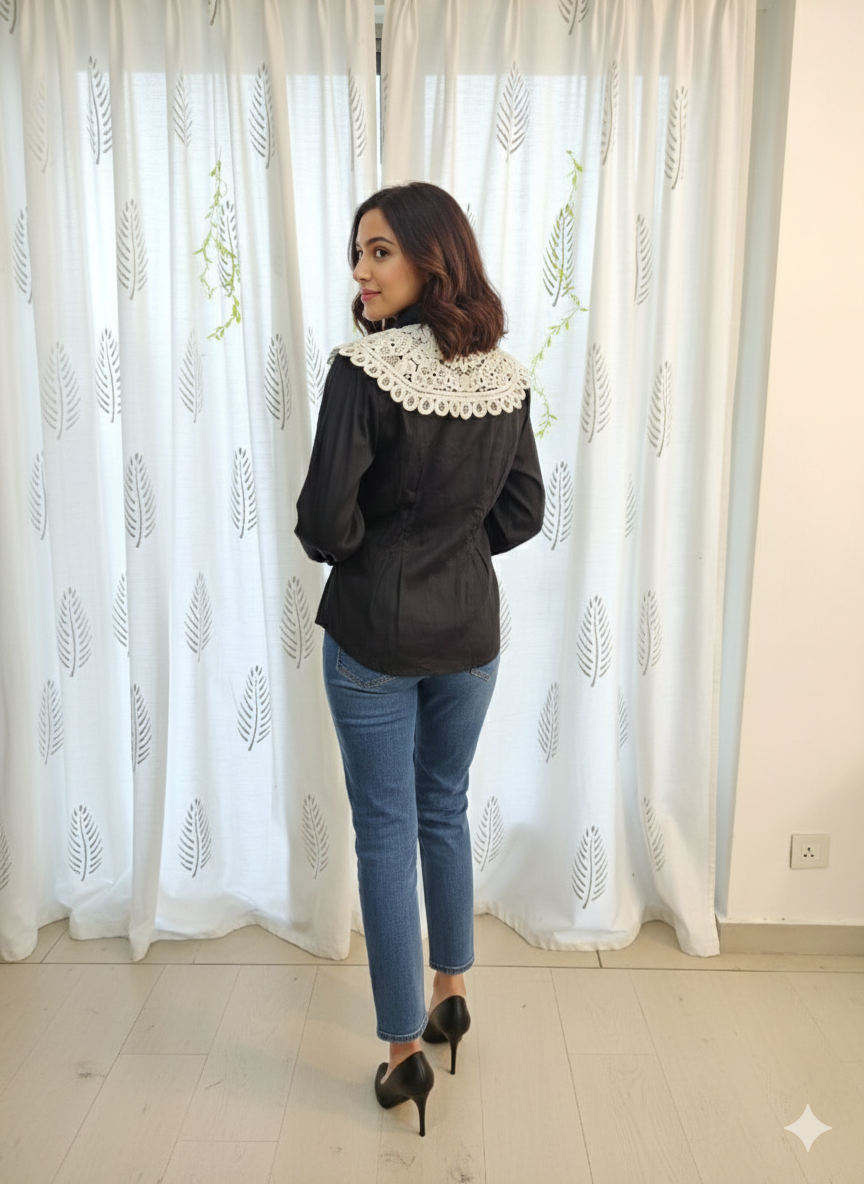 Cream Embroidered Tie up Collar