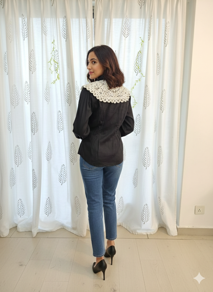 Cream Embroidered Tie up Collar