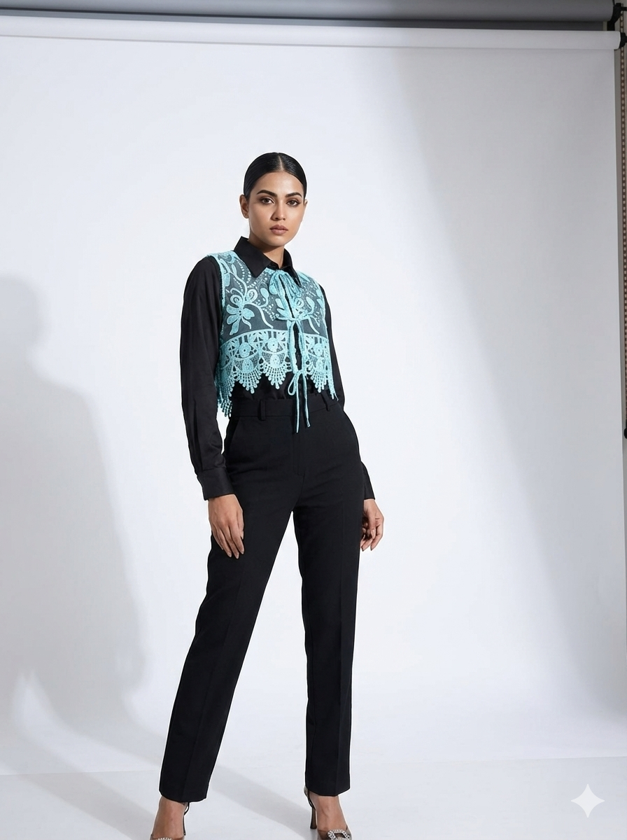 Sky Blue Embroidered Short Vest