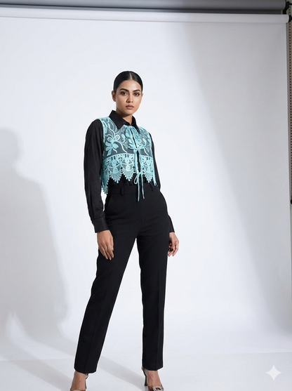 Sky Blue Embroidered Short Vest