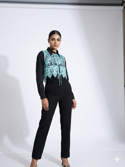 Sky Blue Embroidered Short Vest