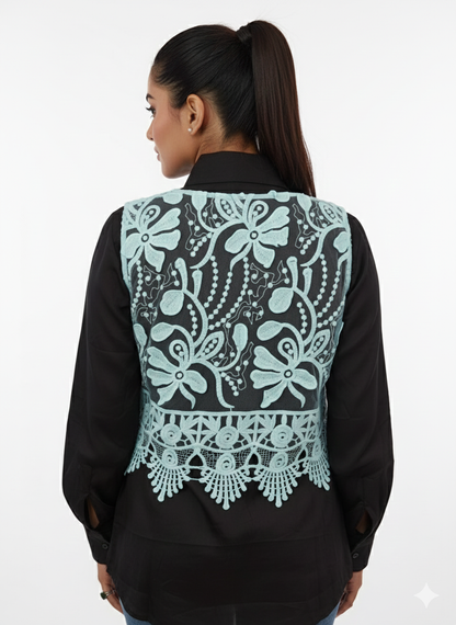 Sky Blue Embroidered Short Vest