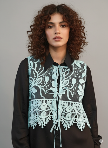 Sky Blue Embroidered Short Vest