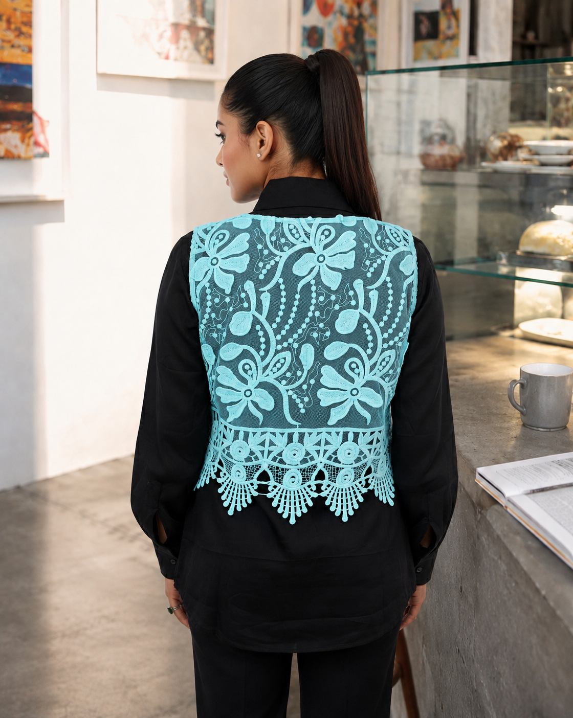 Sky Blue Embroidered Short Vest