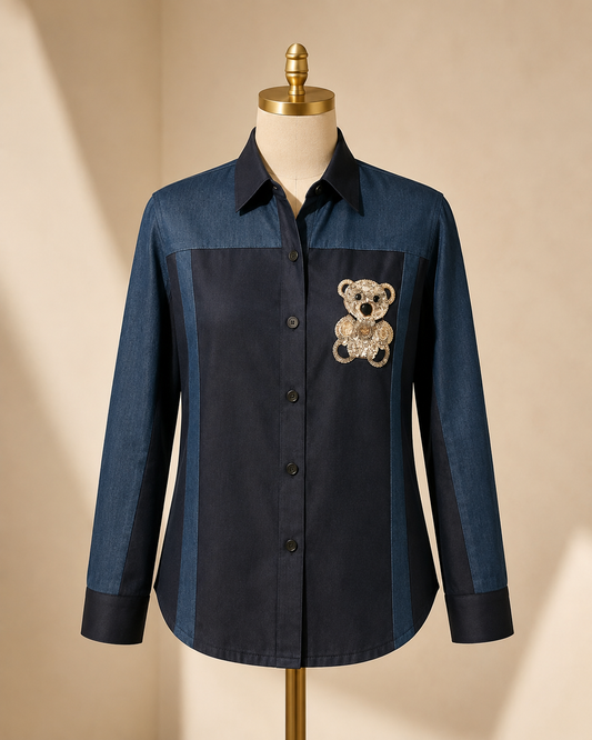 Midnight Teddy Patch Shirt – Denim Blue & Black Panel