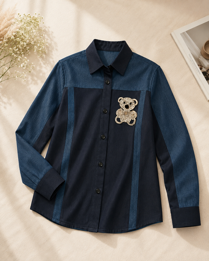 Midnight Teddy Patch Shirt – Denim Blue & Black Panel