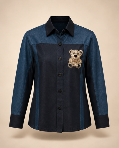 Midnight Teddy Patch Shirt – Denim Blue & Black Panel