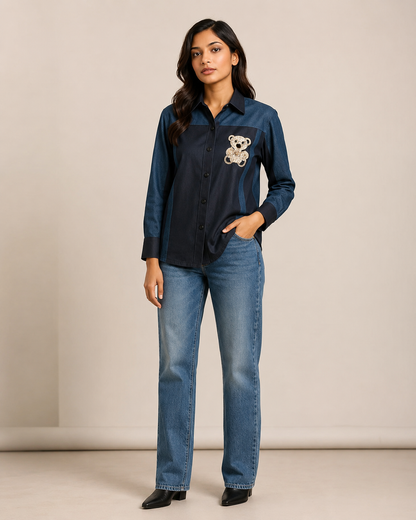 Midnight Teddy Patch Shirt – Denim Blue & Black Panel