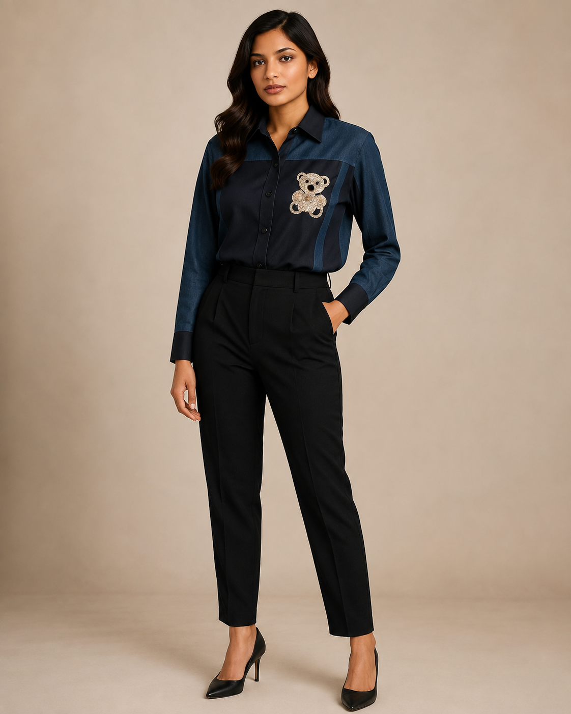 Midnight Teddy Patch Shirt – Denim Blue & Black Panel
