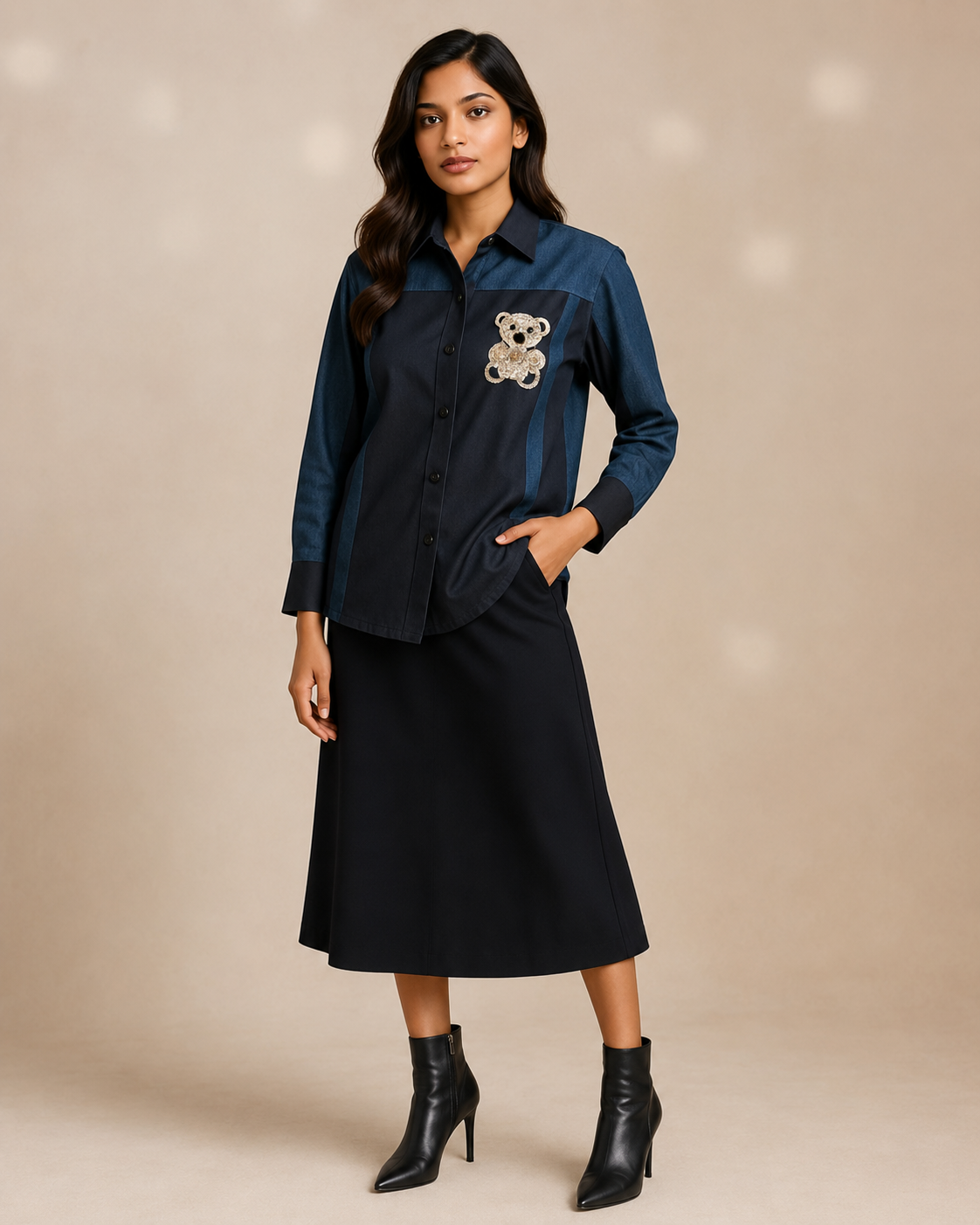 Midnight Teddy Patch Shirt – Denim Blue & Black Panel