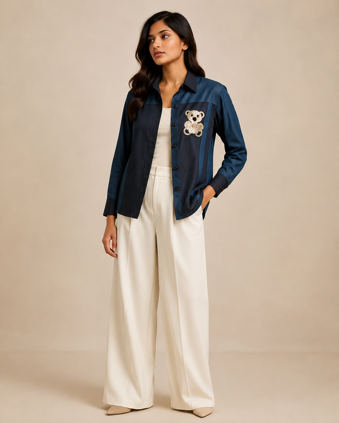 Midnight Teddy Patch Shirt – Denim Blue & Black Panel