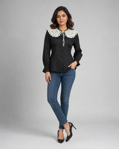 Cream Embroidered Tie up Collar