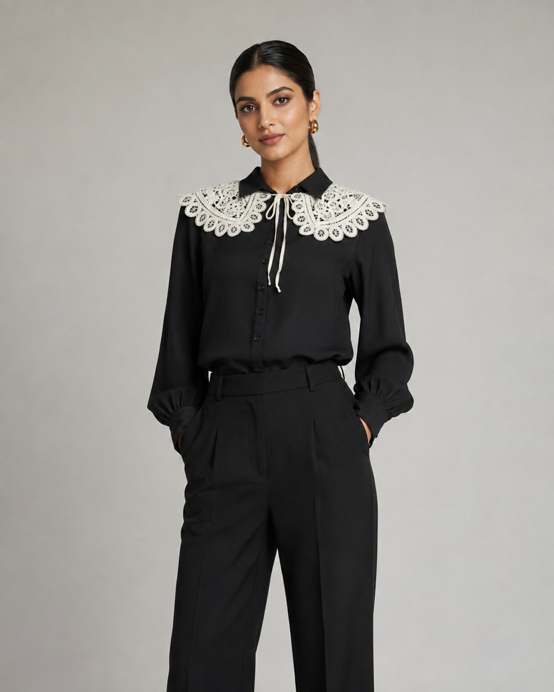 Cream Embroidered Tie up Collar