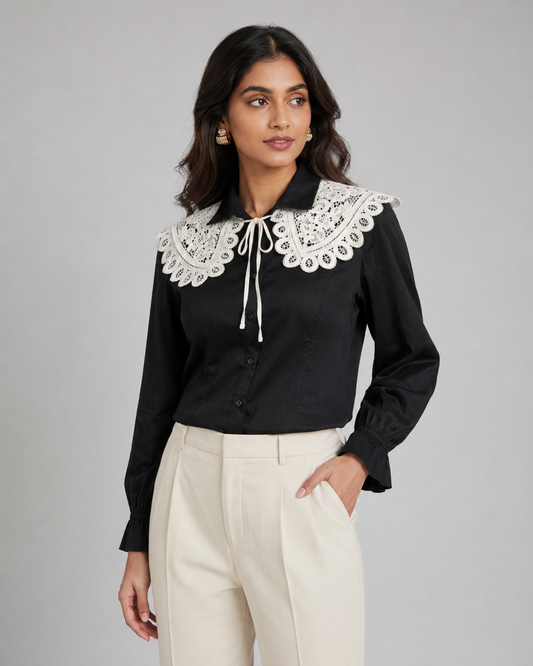 Cream Embroidered Tie up Collar