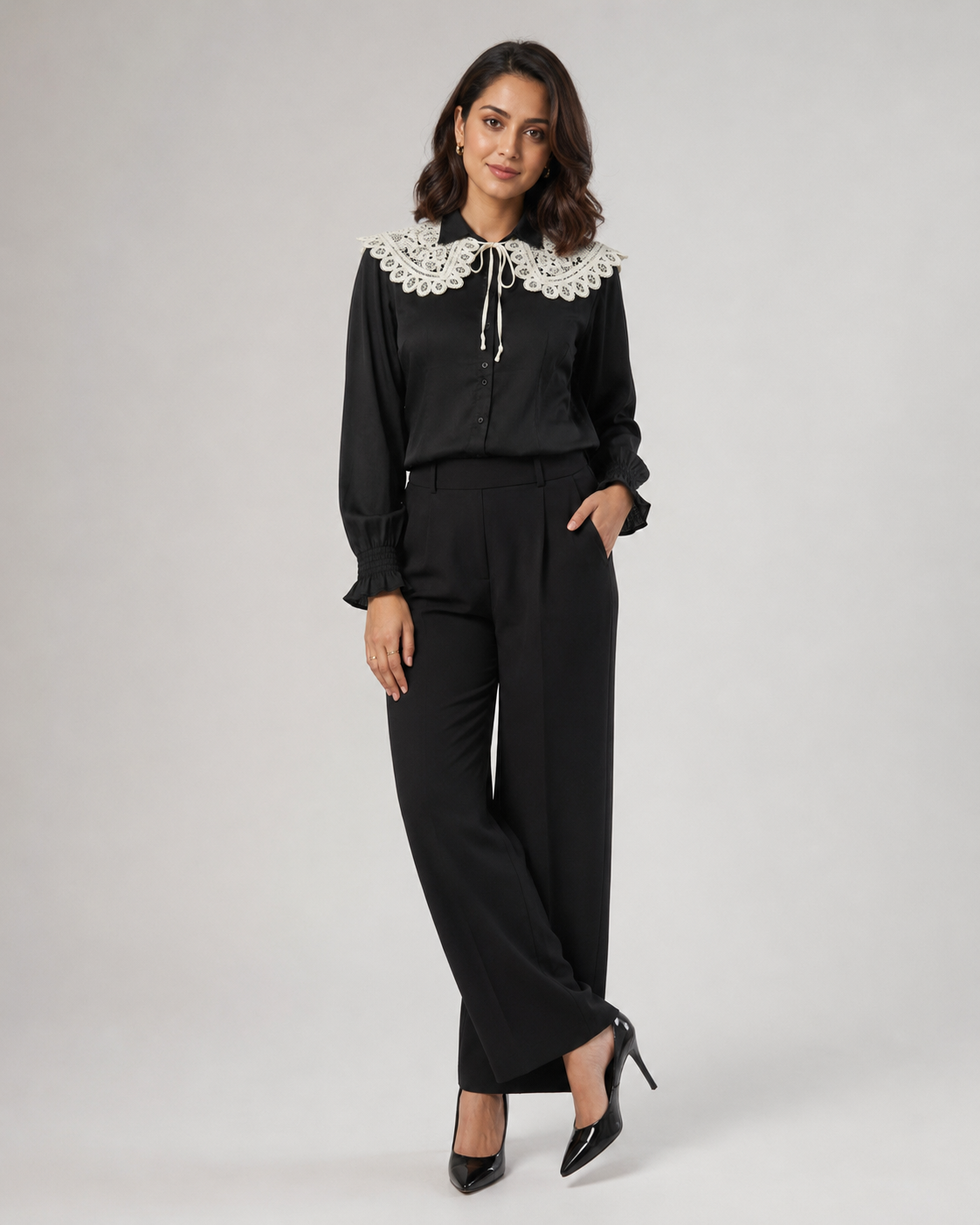 Cream Embroidered Tie up Collar