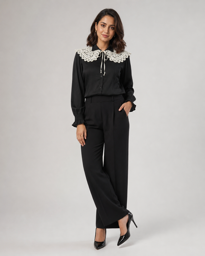 Cream Embroidered Tie up Collar