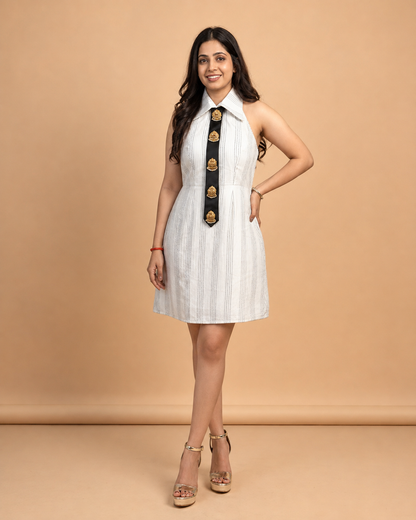 White Stripe Dress & Embellished Tie Set