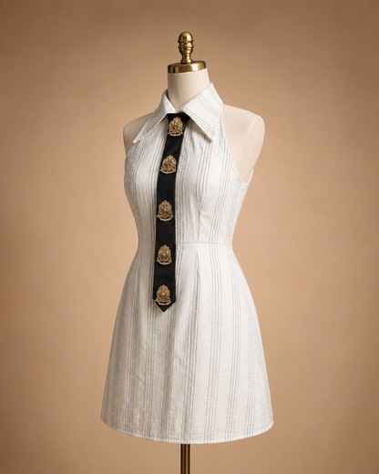 White Stripe Dress & Embellished Tie Set