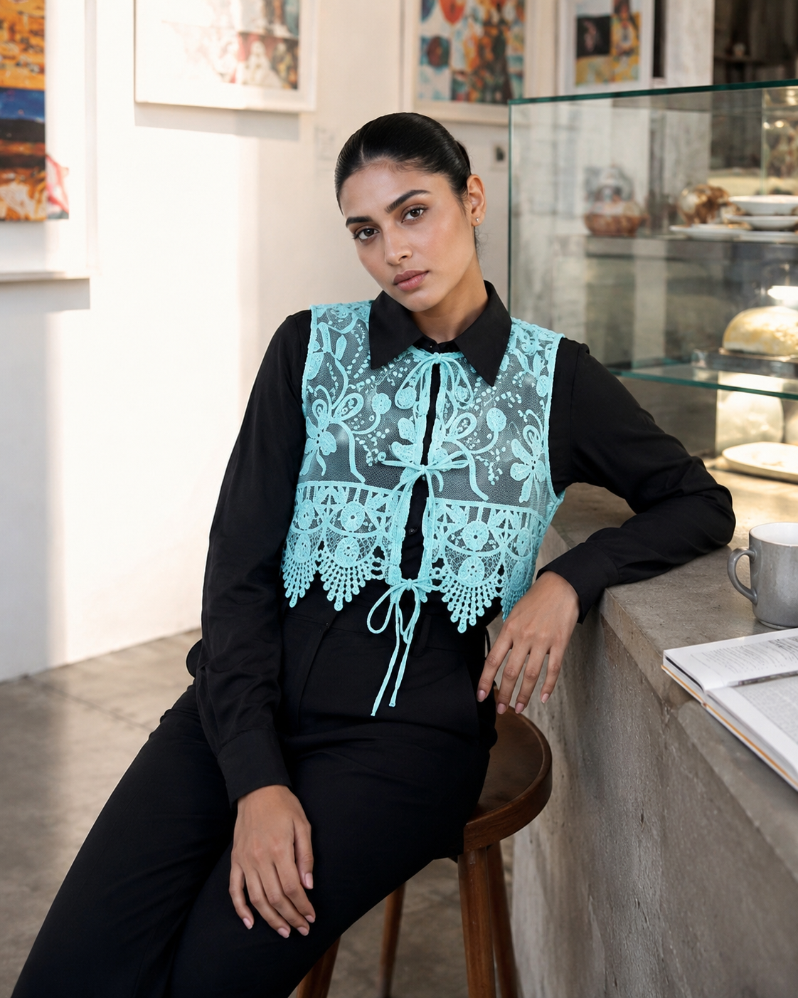 Sky Blue Embroidered Short Vest