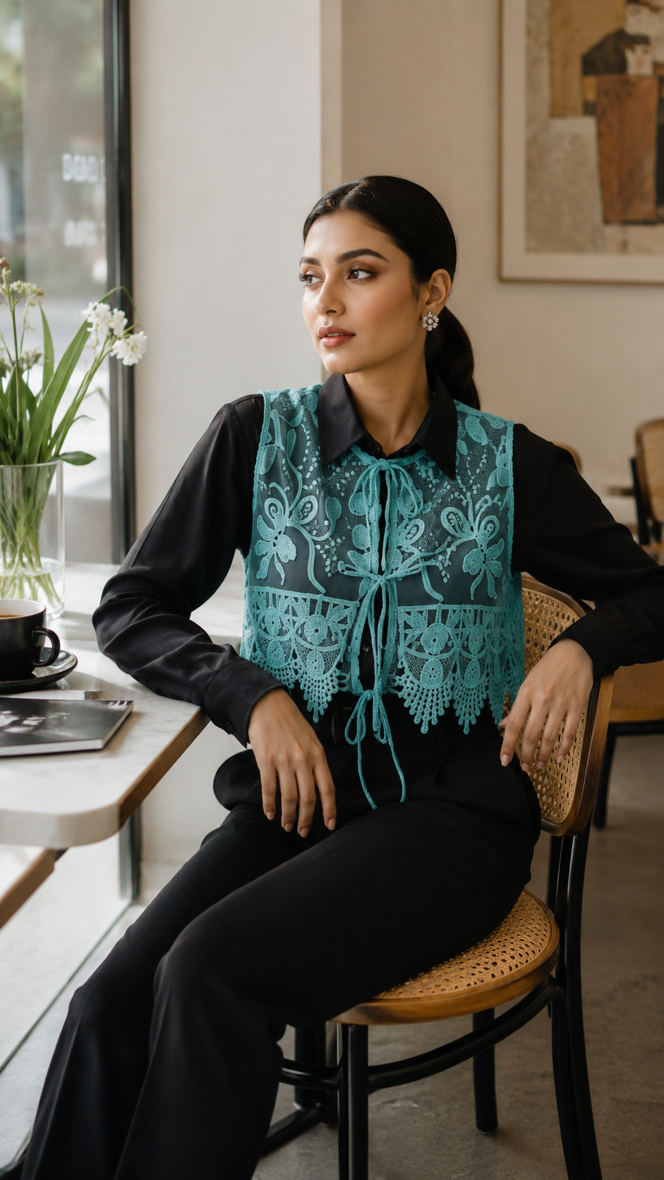 Sky Blue Embroidered Short Vest