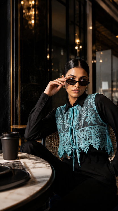 Sky Blue Embroidered Short Vest