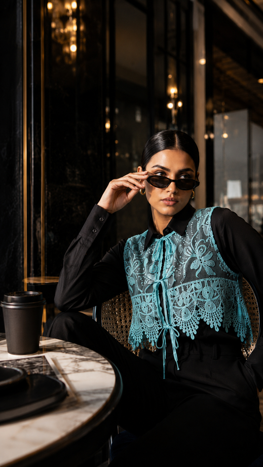 Sky Blue Embroidered Short Vest