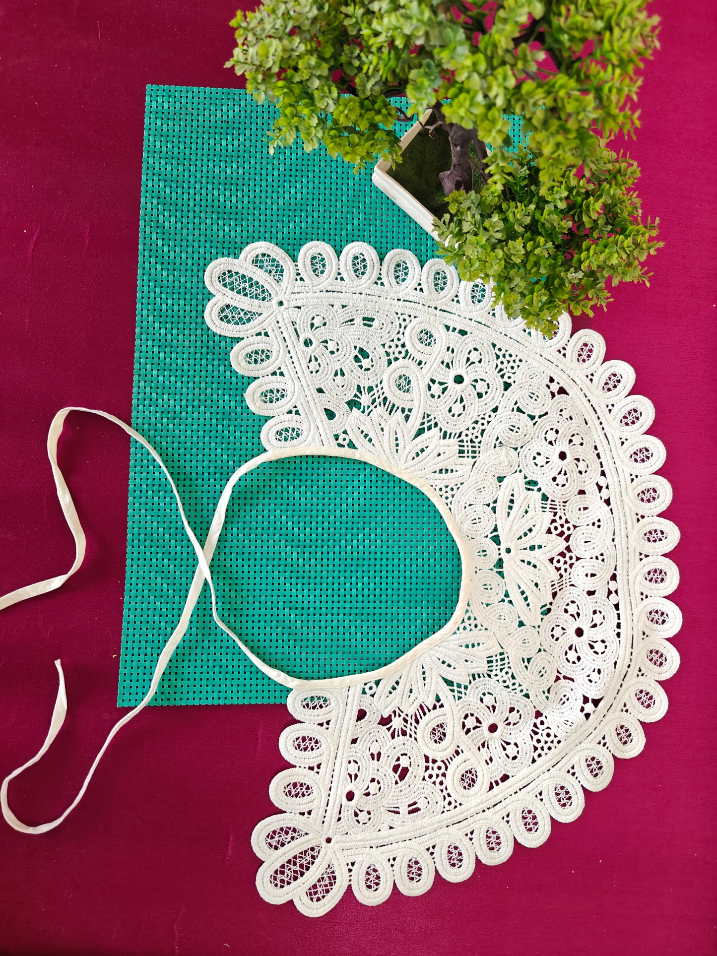 Cream Embroidered Tie up Collar